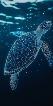 Digital Holographic Turtle Swimming in Deep Ocean, Symbol of Technology and Connectivityの素材