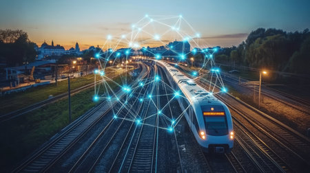 Smart Train with Network Connectivity over Cityscape Advanced Rail Travel Technology.の素材