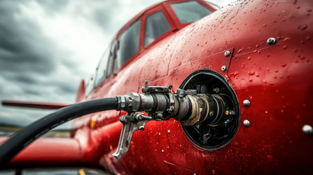 Pre-Flight Fueling Aviation Fuel Hose Connected to Aircraft Fuel Port, Ensuring Safe Journey.の素材