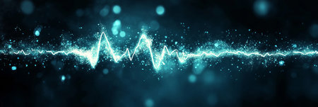 Abstract Cyan Soundwave On Dark Background With Glowing Particles, Music And Energy Signal Flowの素材