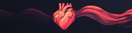 Red Shaded Anatomical Human Heart Entwined with Abstract Flowing Lines, Geometric Vector Artの素材