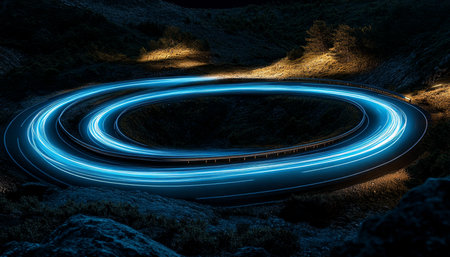 Winding Blue Trails of Headlights on Mountain Road at Night, Long Exposure Photographyの素材
