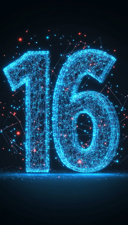 3D Rendering of Glowing Number 16, Futuristic Blue Particles ideal for Birthday Celebrationsの素材