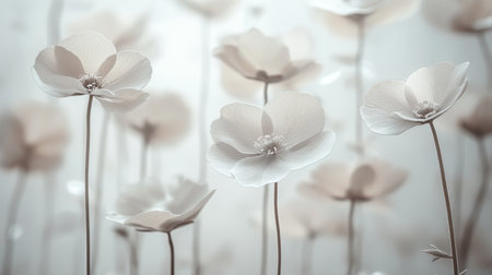 Beige floral background, soft focus, delicate flowers, botanical illustration, ethereal beautyの素材