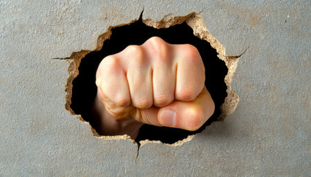 Fist Breaking Through Wall, Concept of Strength and Power, Determination to Overcome Obstaclesの素材