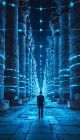 Ancient Temple Digital Reality, Futuristic Architectural Network, Luxor Egypt Pillarsの素材