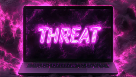 Laptop Computer With Glowing Neon Purple Threat Text On Smoky Screen, Cybersecurity Threat Concept.の素材