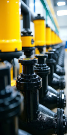 Industrial Pipeline Equipment Black And Yellow Valves On The Piping System In A Row.の素材