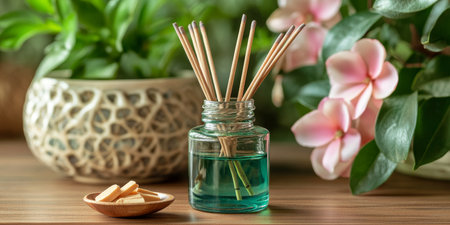 Essential Oil with Aroma Sticks, Wood Chips and Home Plant on a Table. Holistic Therapy Atmosphere,の素材