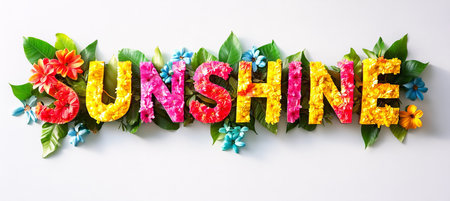 Vibrant Tropical Letter Arrangement Spelling SUNSHINE, Fresh Floral Design, Studio Shot, Isolatedの素材