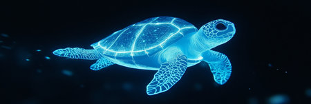 Holographic Blue Sea Turtle Swimming Through Digital Space, Representation of Modern Technologyの素材
