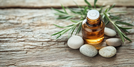 Essential Oil with Fresh Herbs and Stones on Rustic Wooden Background, Aromatherapy Conceptの素材