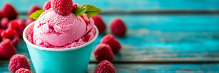 Refreshing Pink Ice Cream Dessert with Mint and Ripe Raspberries, Summer Treat on Blue Woodの素材