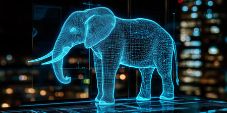 Technological Advancements Neon Blue Holographic Wireframe Elephant in Futuristic Digital Landscapeの素材