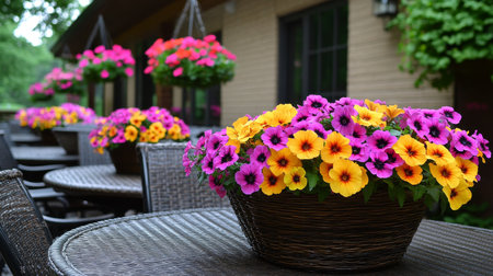 Outdoor patio dining, vibrant petunias flowers in hanging baskets and tabletop, summer bloomsの素材