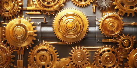 Intricate Golden Gears And Cogs Interlock In A Mechanical Masterpiece, Clockwork Backgroundの素材