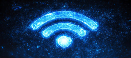Glowing Blue Wifi Symbol on a Digital Abstract Background, Wireless Technology Conceptの素材