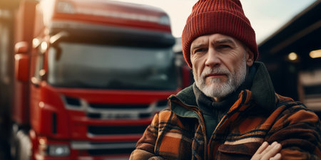 Experienced Truck Driver With Arms Crossed Standing In Front Of Semi-Truck On Parking Lotの素材