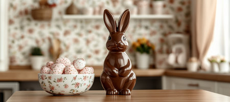 Chocolate Easter Bunny and a Bowl Overflowing with Spotted Eggs on a Rustic Kitchen Tableの素材