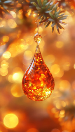 Golden Christmas Glass Ornament, Festive Holiday Background With Sparkling Bokeh Lights.の素材