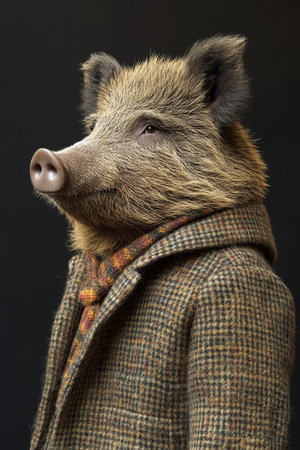 Anthropomorphic Boar in Tweed Suit, Profile on Dark Background, Blending Animal and Humanの素材