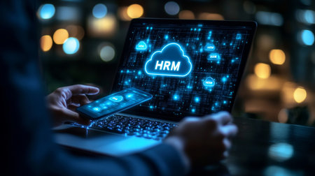 Businessman Accessing Secure Cloud-Based HRM System on Mobile Device with Night City Backgroundの素材