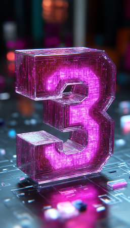 Futuristic Glowing Purple Number Three On Digital Circuit Board Background, Technology Concept.の素材