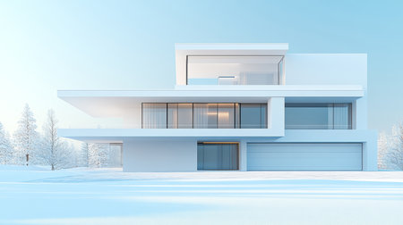 Modern white house exterior in snowy scenery, contemporary architectural visualization for designの素材