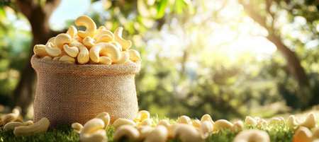 Abundant Harvest Burlap Sack Overflowing with Fresh, Organic Cashews in a Sunlit Orchard.の素材