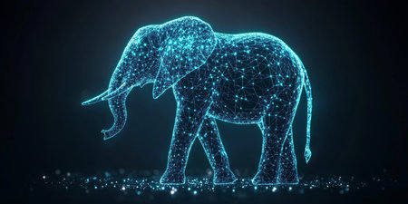 Abstract glowing holographic blue polygonal elephant. Technology, innovation concept.の素材