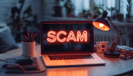 Beware Online Scams, Laptop With Neon Scam Text Warning of Cybercrime and Fraudulent Activityの素材