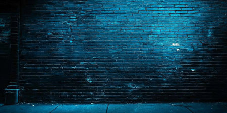 Blue Lit Brick Wall Background, Grunge, Urban Architecture Texture. Detail of Grungy Wall At Night.の素材