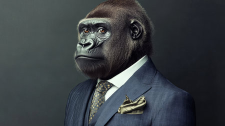 Portrait of a Gorilla in a Suit, Blending Animal and Human Traits Against a Dark Backgroundの素材
