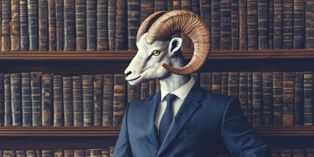Anthropomorphic Ram in Suit with Library Background, Blending Human and Animal Traitsの素材