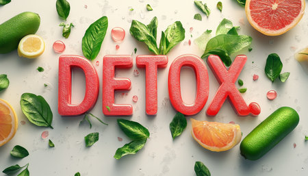 Detox Word Art with Cleansing Fruits, Vegetables and Green Leaves on White Backgroundの素材