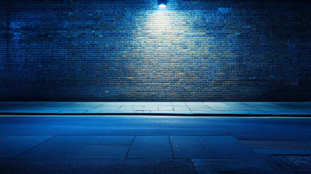 Urban Blue, A Desolate City Street With Brick Wall Illuminated By A Lone Streetlight.の素材