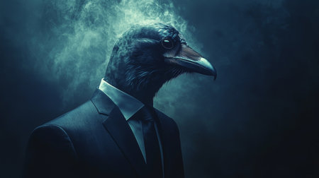 Mysterious Raven in Suit, Anthropomorphic Portrait on Dark Background, Animal Human Hybrid Conceptの素材