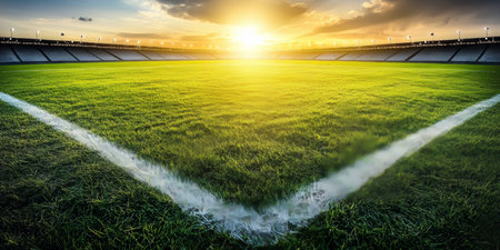Empty Soccer Field At Sunset With Dramatic Sky And Sunlight, Green Grass, And White Linesの素材