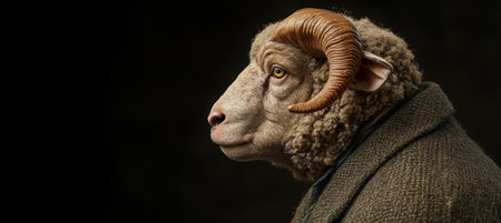 The Gentleman Ram A Distinguished Profile Immersed in Shadow, Blending Animal and Human Attireの素材