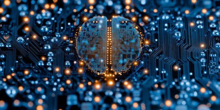 Artificial Intelligence Chip on Motherboard with Glowing Lights, Depicting AI in Action.の素材