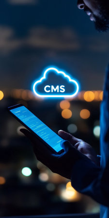 Businessman Using Mobile Phone to Access Cloud-Based Content Management System at Nightの素材