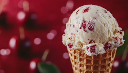 Refreshing Summer Treat Cherry Ice Cream in Waffle Cone on Red Background with Fresh Cherriesの素材
