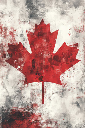 Grunge Flag of Canada Red Maple Leaf on Distressed White Background, Patriotism, National Symbolの素材