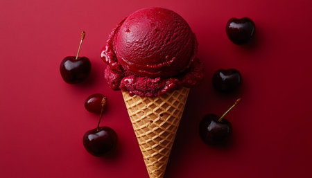 Delicious Cherry Ice Cream in a Waffle Cone on a Vibrant Red Background with Fresh Cherriesの素材