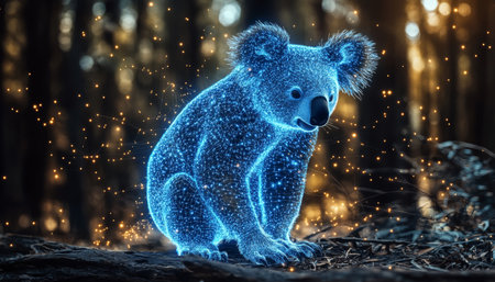 Luminous Koala Holographic Marsupial in Enchanted Blue Forest, Whimsical Stock Imageの素材