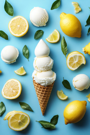 Refreshing Lemon Ice Cream Scoops in Waffle Cone on Vibrant Blue Background, Summer Dessert Conceptの素材