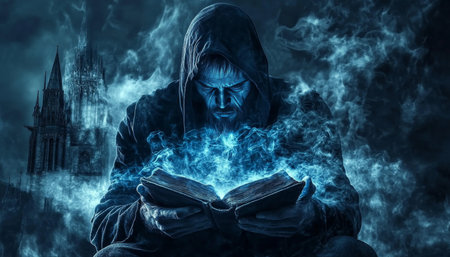 Ancient Wizard Conjuring Blue Magic From Arcane Book in Gothic Cathedral, Fantasy Sorceryの素材