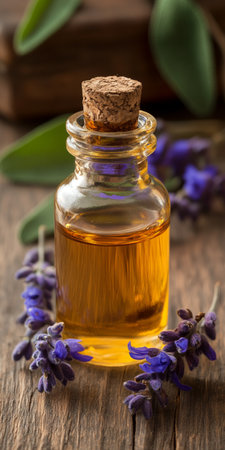 Glass Bottle Of Clary Sage Essential Oil With Fresh And Dried Clary Sage On A Wooden Surfaceの素材