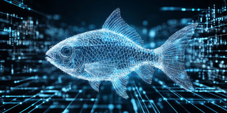 Futuristic Blue Wireframe Fish Swimming in Abstract Digital Cyberspace, 3D Illustration.の素材
