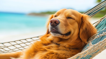 Golden Retriever Dog Relaxes on Tropical Beach Hammock, Enjoying a Sunny Vacation Dayの素材